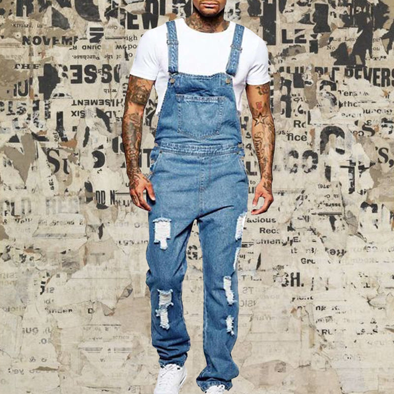 Thalion | Herre Stilfulde Rippede Denim Overalls - Afslappet Pasform Slidt Jumpsuit til Ubekymret Casual Chic