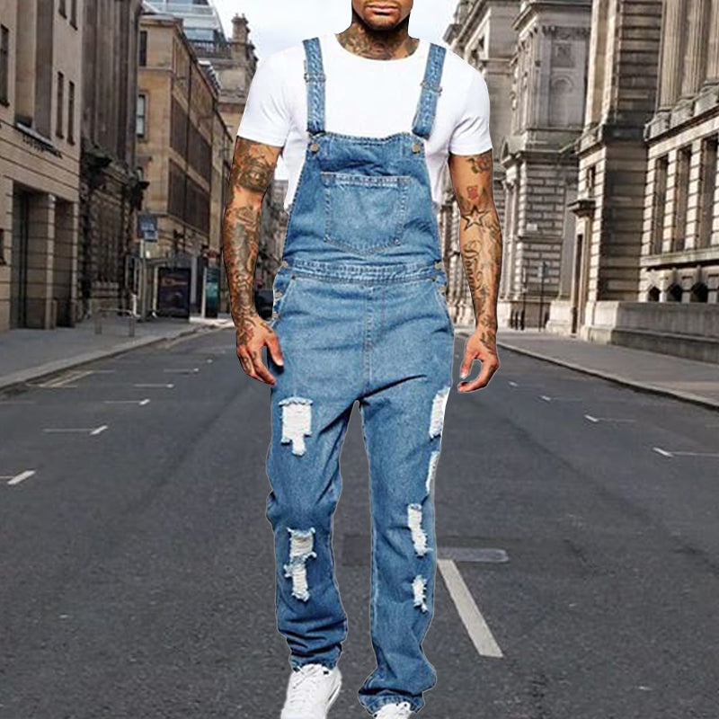 Thalion | Herre Stilfulde Rippede Denim Overalls - Afslappet Pasform Slidt Jumpsuit til Ubekymret Casual Chic