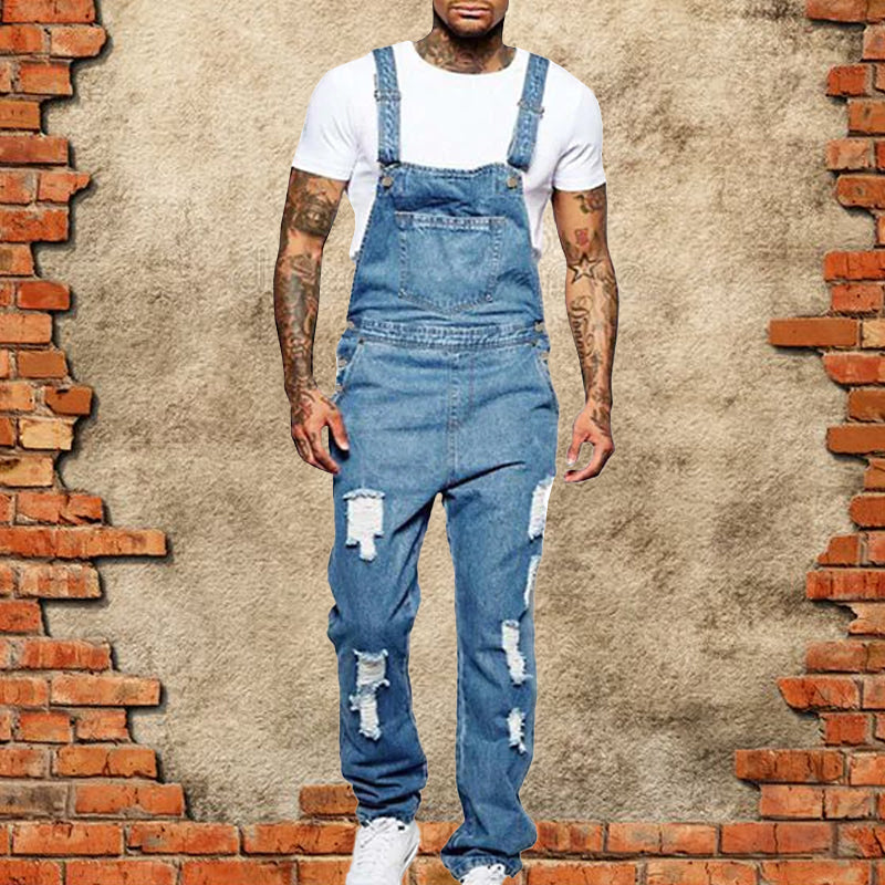 Thalion | Herre Stilfulde Rippede Denim Overalls - Afslappet Pasform Slidt Jumpsuit til Ubekymret Casual Chic