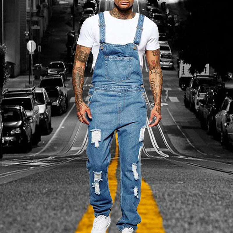 Thalion | Herre Stilfulde Rippede Denim Overalls - Afslappet Pasform Slidt Jumpsuit til Ubekymret Casual Chic