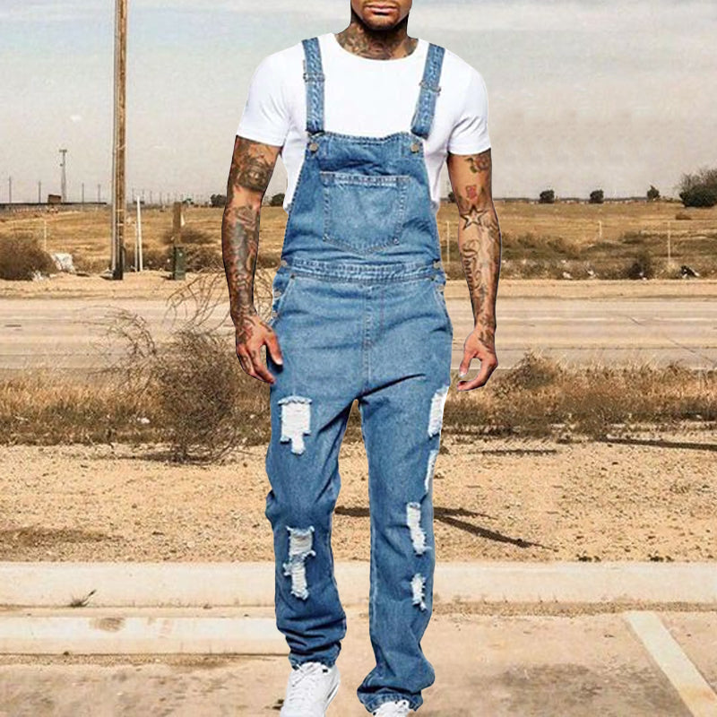 Thalion | Herre Stilfulde Rippede Denim Overalls - Afslappet Pasform Slidt Jumpsuit til Ubekymret Casual Chic