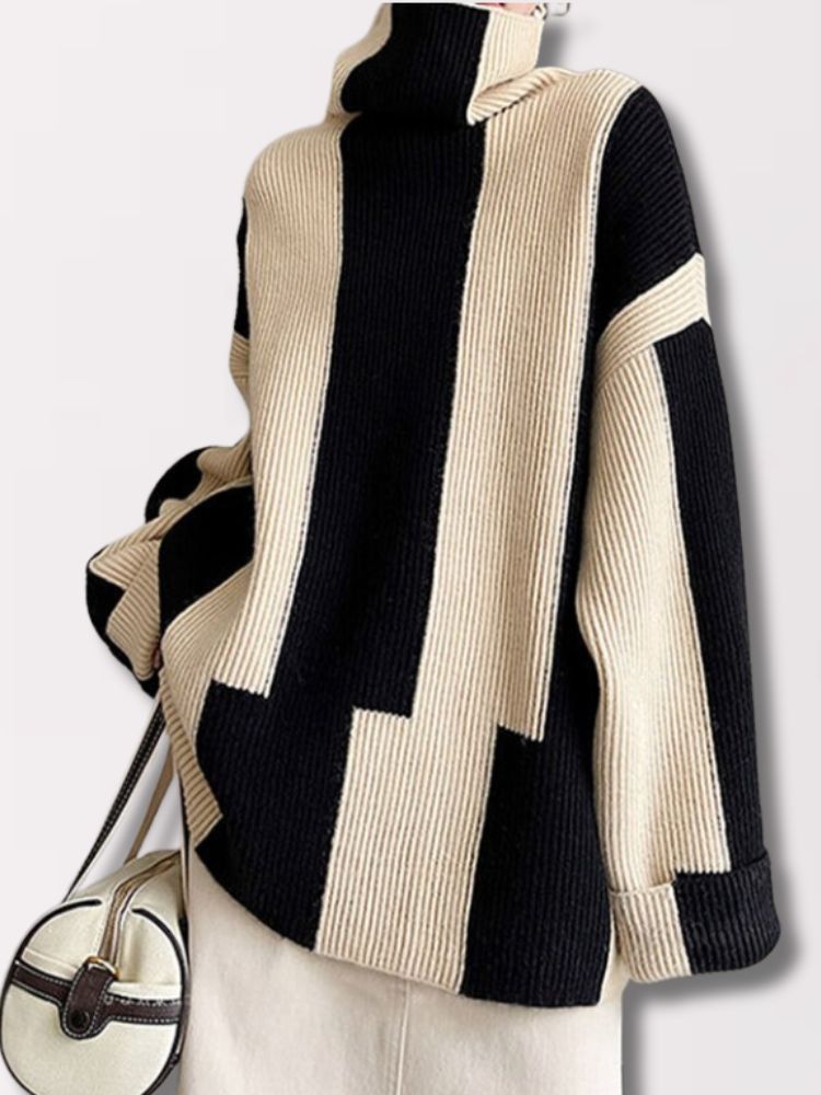 Amanda | Oversized Sweater med Høj Krave og Blokfarver