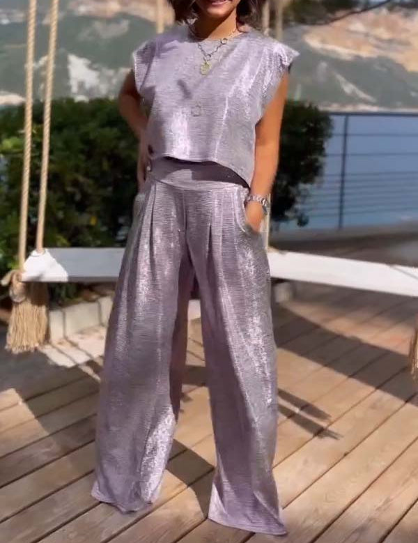 Andrea | Trendy glinsende top og flydende bukser sæt til en ubesværet stil