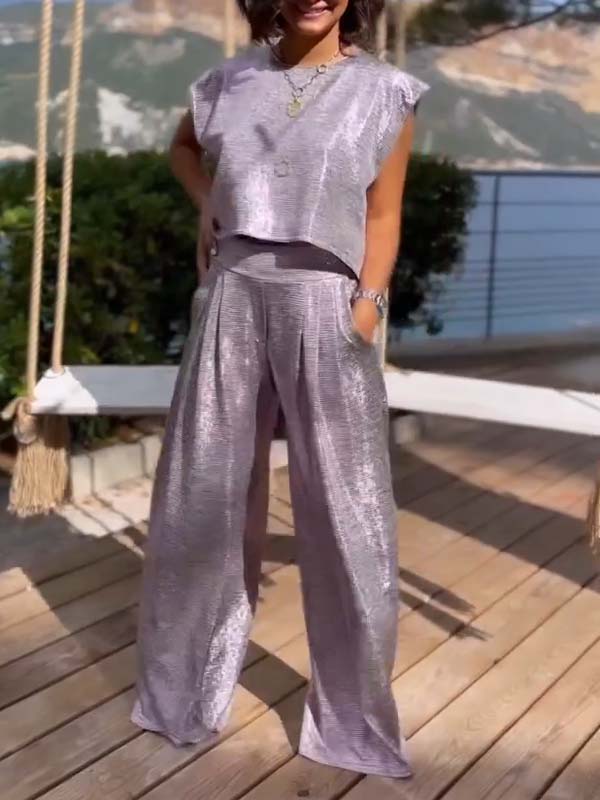 Andrea | Trendy glinsende top og flydende bukser sæt til en ubesværet stil