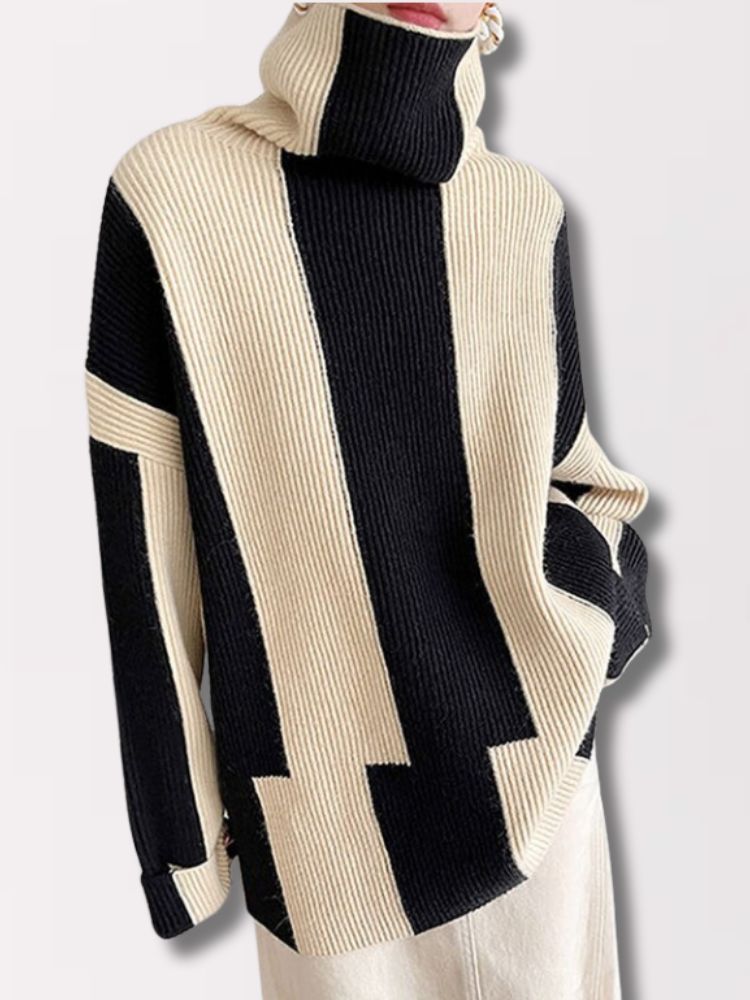 Amanda | Oversized Sweater med Høj Krave og Blokfarver