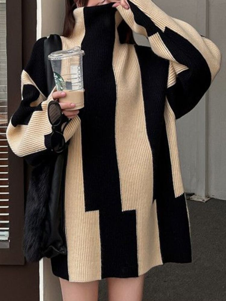 Amanda | Oversized Sweater med Høj Krave og Blokfarver