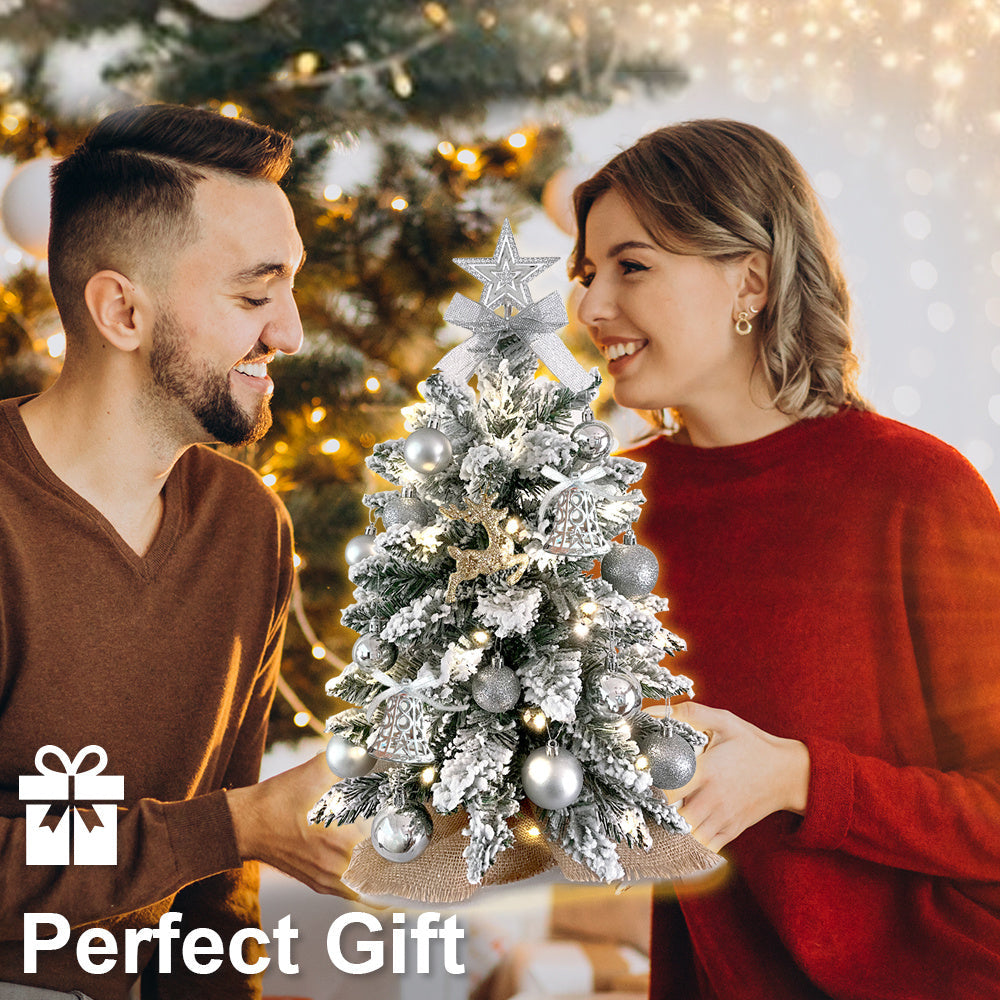 60 cm mini juletræ med lys kunstig lille bordplade juledekoration med flokket sne, udsøgt dekoration og julekugler til bordplade til hjem og kontor 4