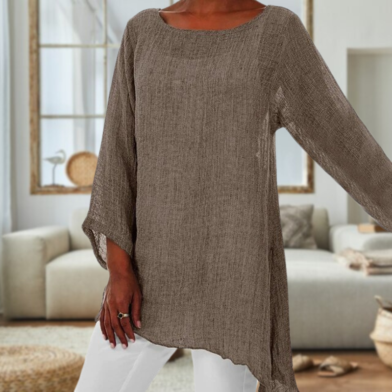 Elegant linnedbluse med lange ærmer og rund hals til damer
