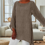 Elegant linnedbluse med lange ærmer og rund hals til damer