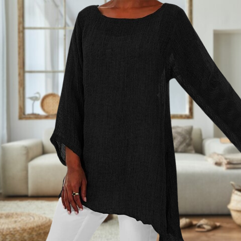 Elegant linnedbluse med lange ærmer og rund hals til damer