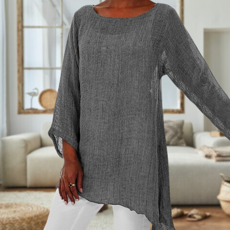 Elegant linnedbluse med lange ærmer og rund hals til damer