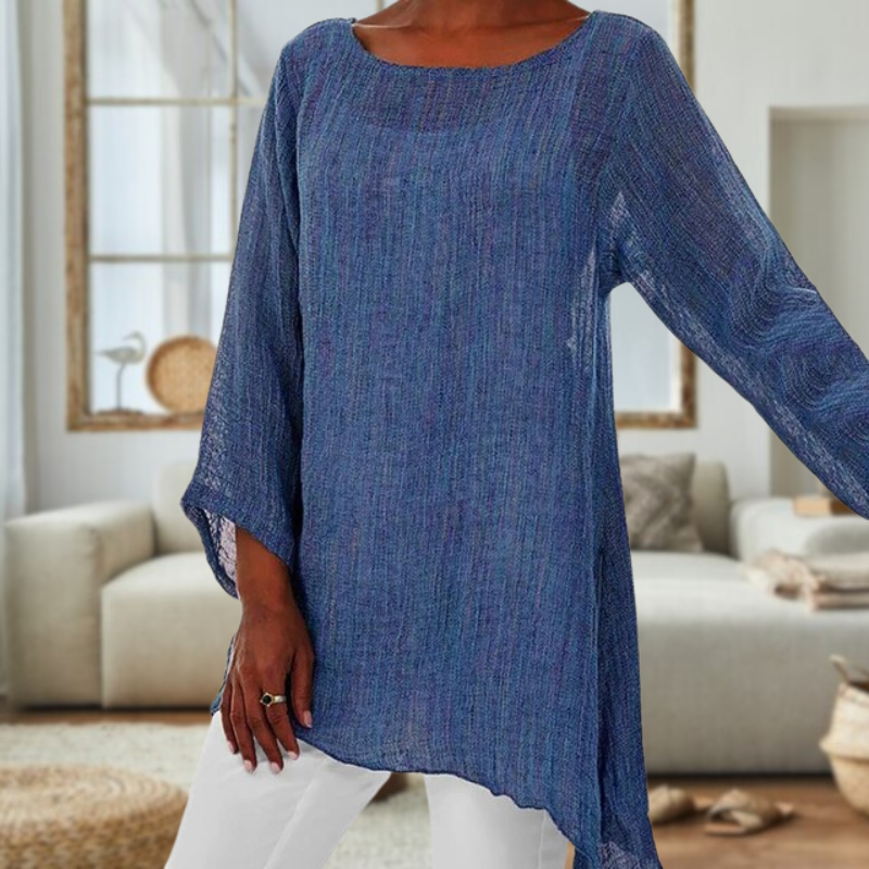 Elegant linnedbluse med lange ærmer og rund hals til damer