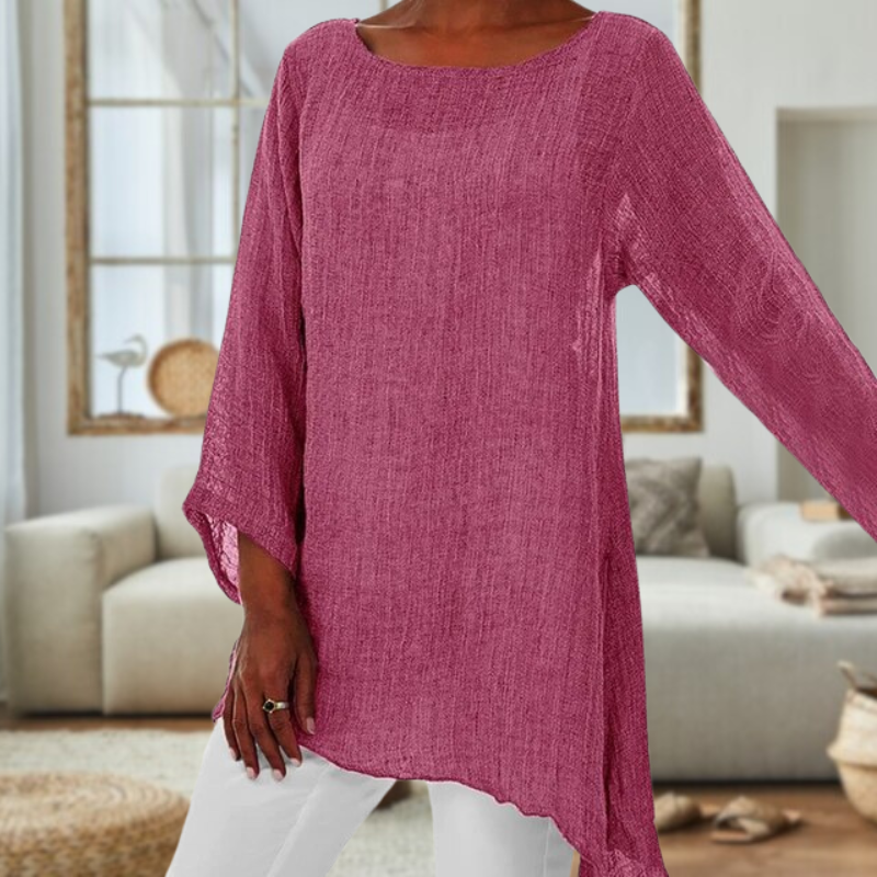 Elegant linnedbluse med lange ærmer og rund hals til damer