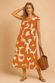 Claire Long Summer Dress Gedrukt met V -Nie 1