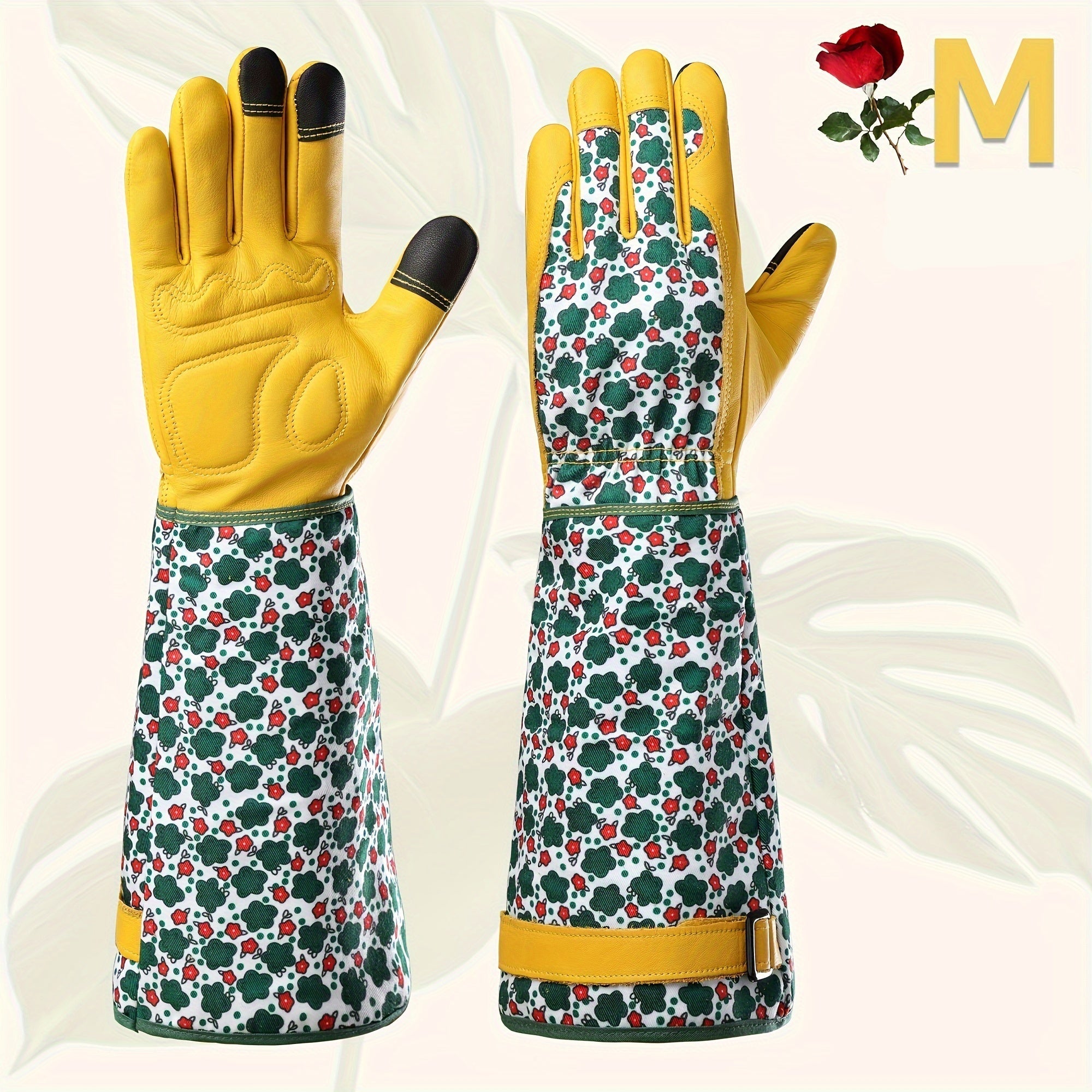 Damehavehandsker – Holdbar grøn blomsterprint, tornesikker kohudhandske med touchscreen-funktion, åndbart havearbejdstilbehør 0