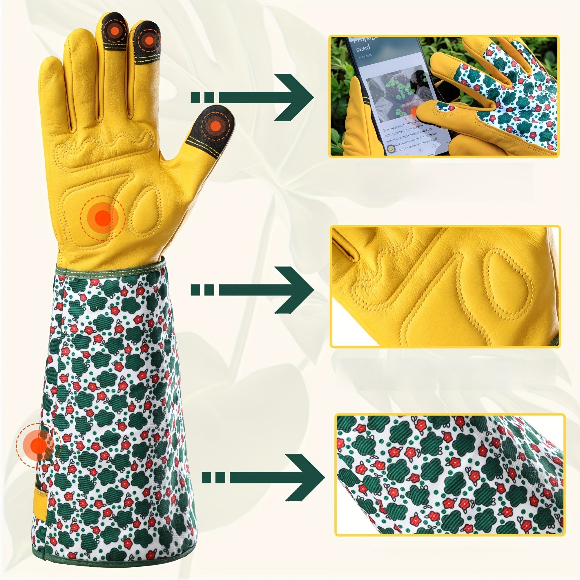 Damehavehandsker – Holdbar grøn blomsterprint, tornesikker kohudhandske med touchscreen-funktion, åndbart havearbejdstilbehør 3