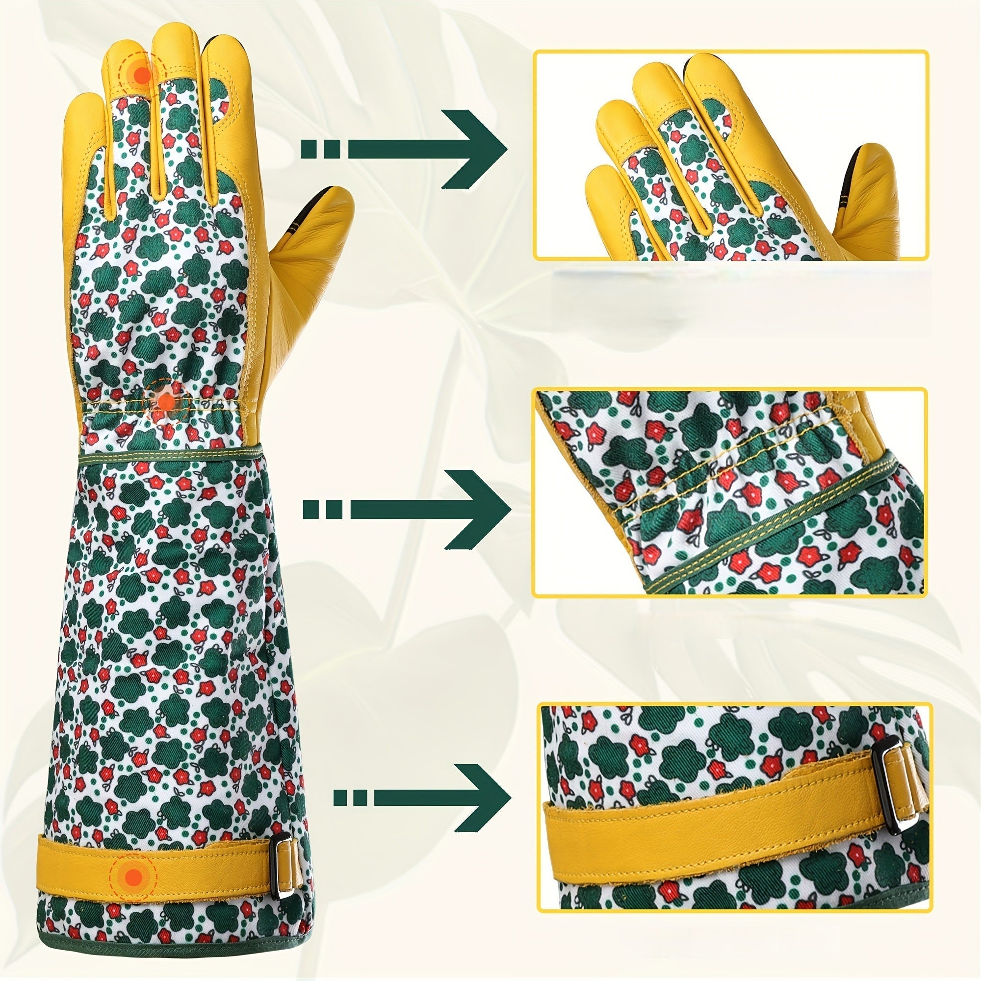 Damehavehandsker – Holdbar grøn blomsterprint, tornesikker kohudhandske med touchscreen-funktion, åndbart havearbejdstilbehør 4