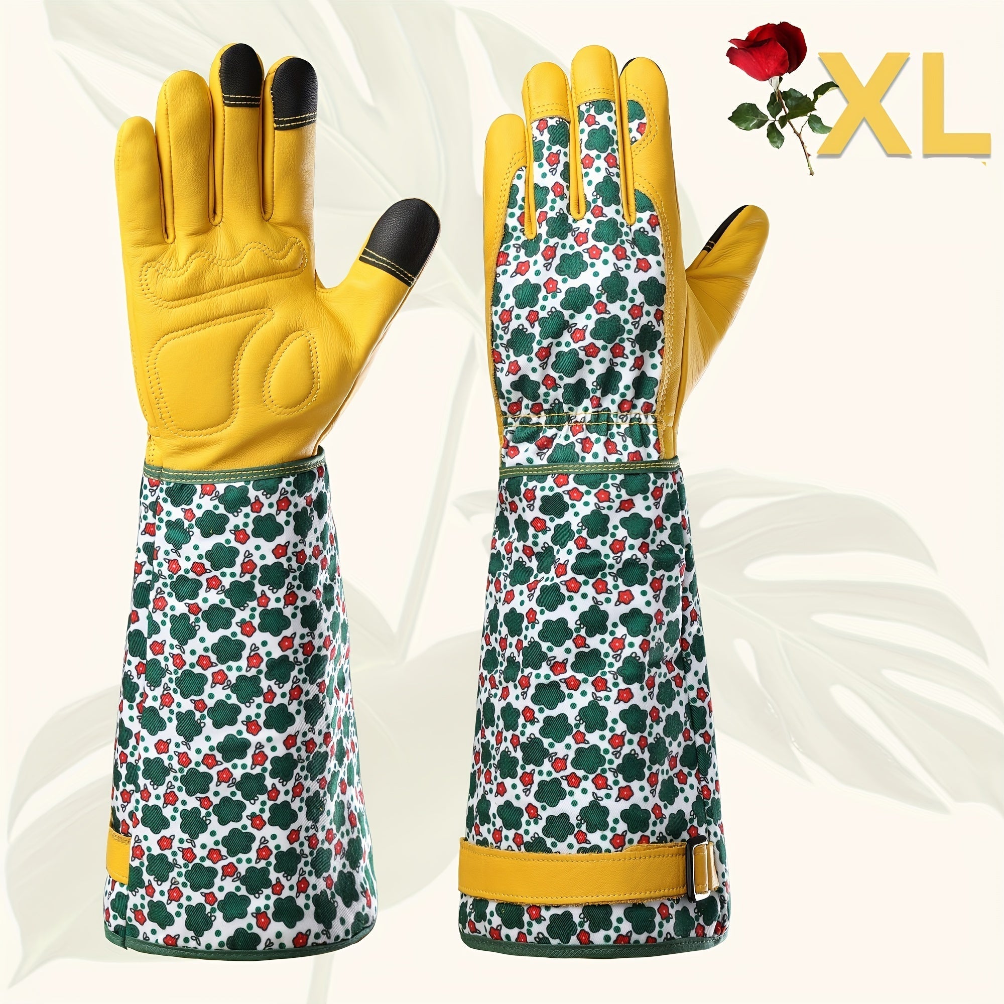 Damehavehandsker – Holdbar grøn blomsterprint, tornesikker kohudhandske med touchscreen-funktion, åndbart havearbejdstilbehør 5