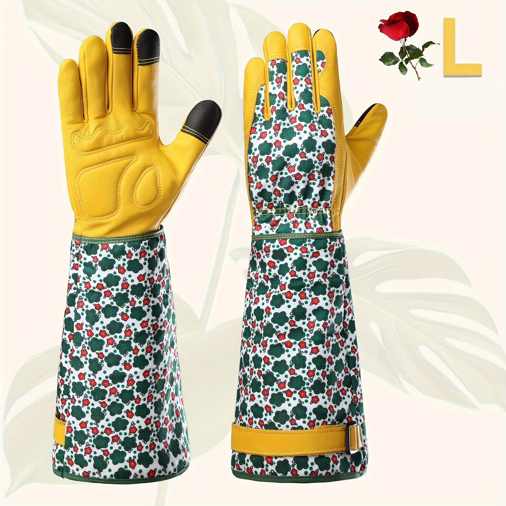 Damehavehandsker – Holdbar grøn blomsterprint, tornesikker kohudhandske med touchscreen-funktion, åndbart havearbejdstilbehør 6