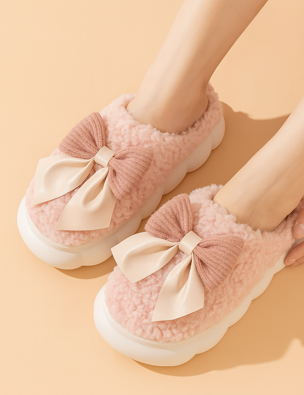 Dametøfler med sløjfe | Bløde, varme og skridsikre hjemmesko til vinteren 0
