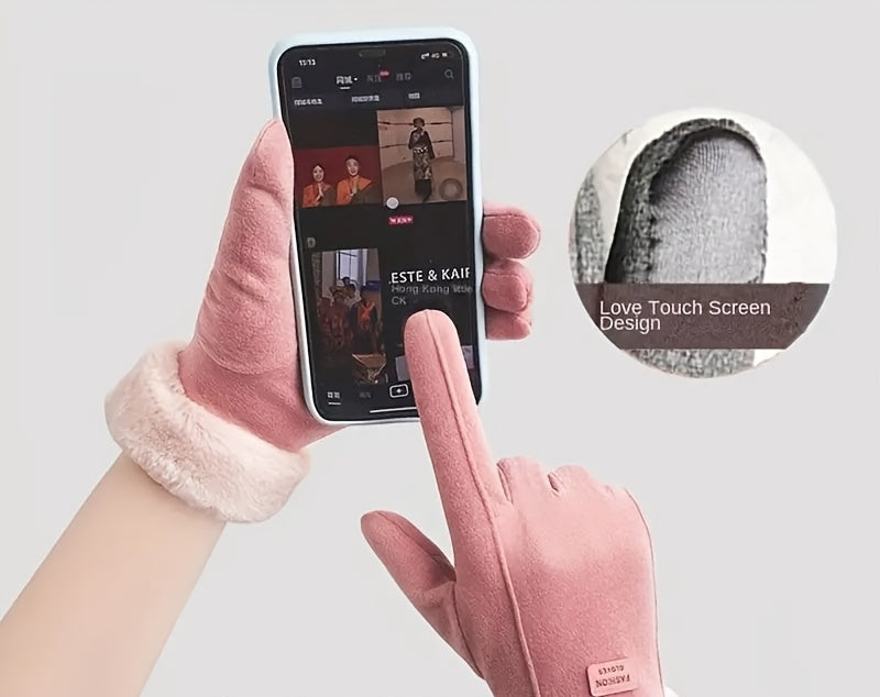 Damevinterhandsker i plys – lyserøde vanter med touchskærm og smart design med fuld finger til varmt, vindtæt og stilfuldt udendørstøj 7