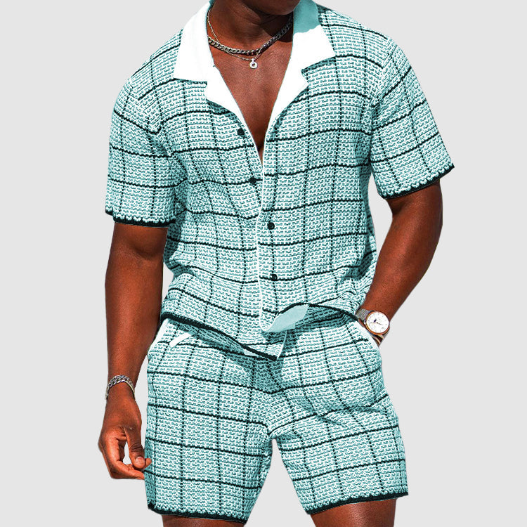 Todelt outfit til mænd - skjorte med korte ærmer og shorts - ternet afslappet pasform