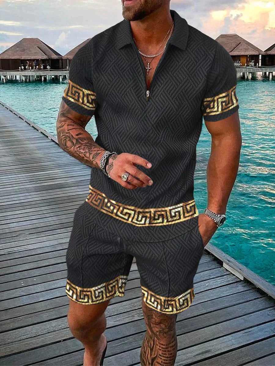 Todelt sæt til herrer - struktureret lynlås-polo og matchende korte ærmer med korte ærmer - Casual wear