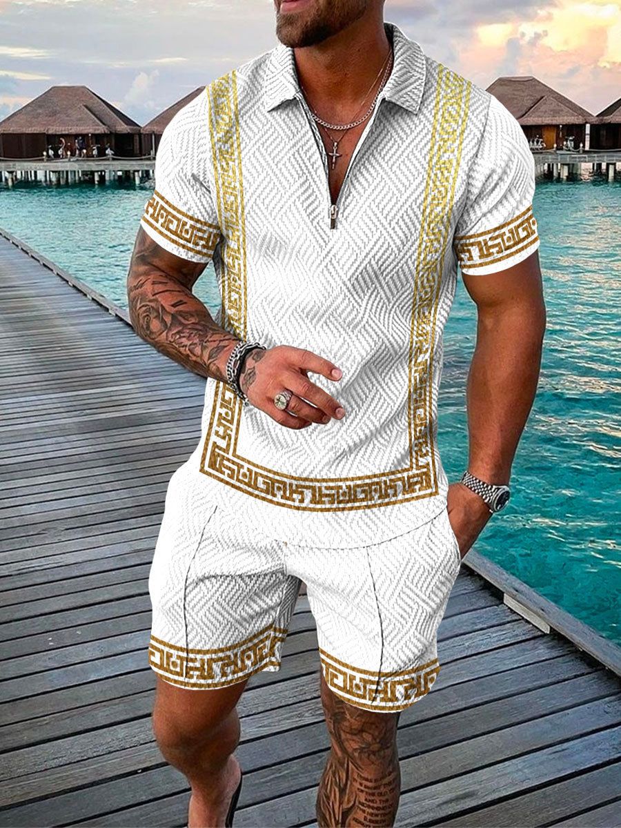 Todelt sæt til herrer - struktureret lynlås-polo og matchende korte ærmer med korte ærmer - Casual wear