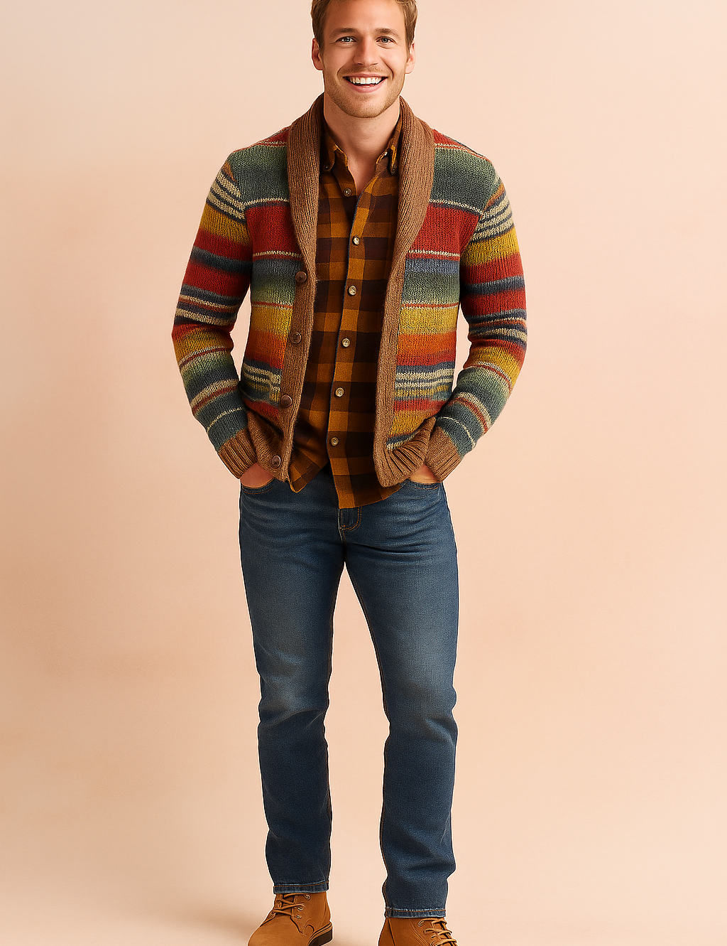 Flerfarvet, varm cardigan til mænd | Strikket 0