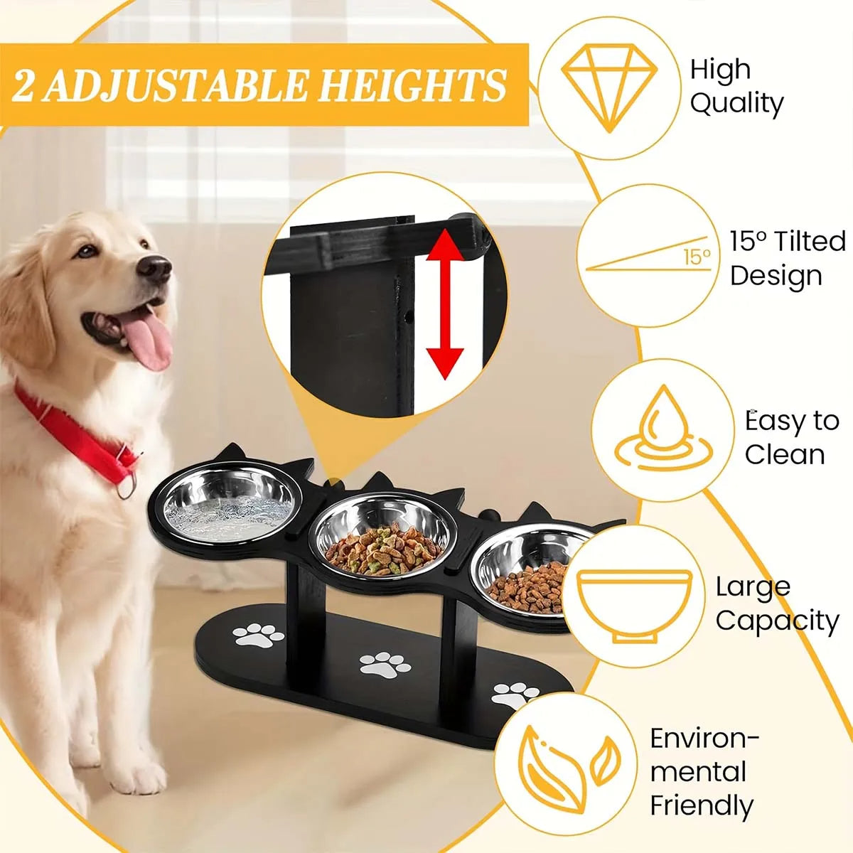 Forhøjet katteskål med 3 skåle i rustfrit stål 2