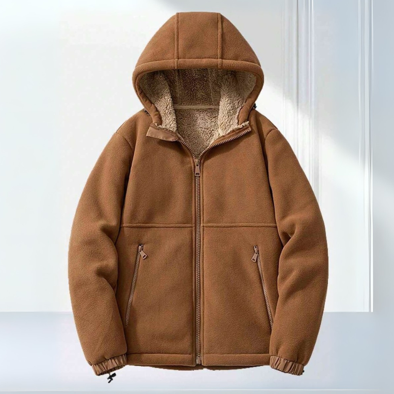 Herrefleece vinterjakke med hætte og lynlåslommer 1