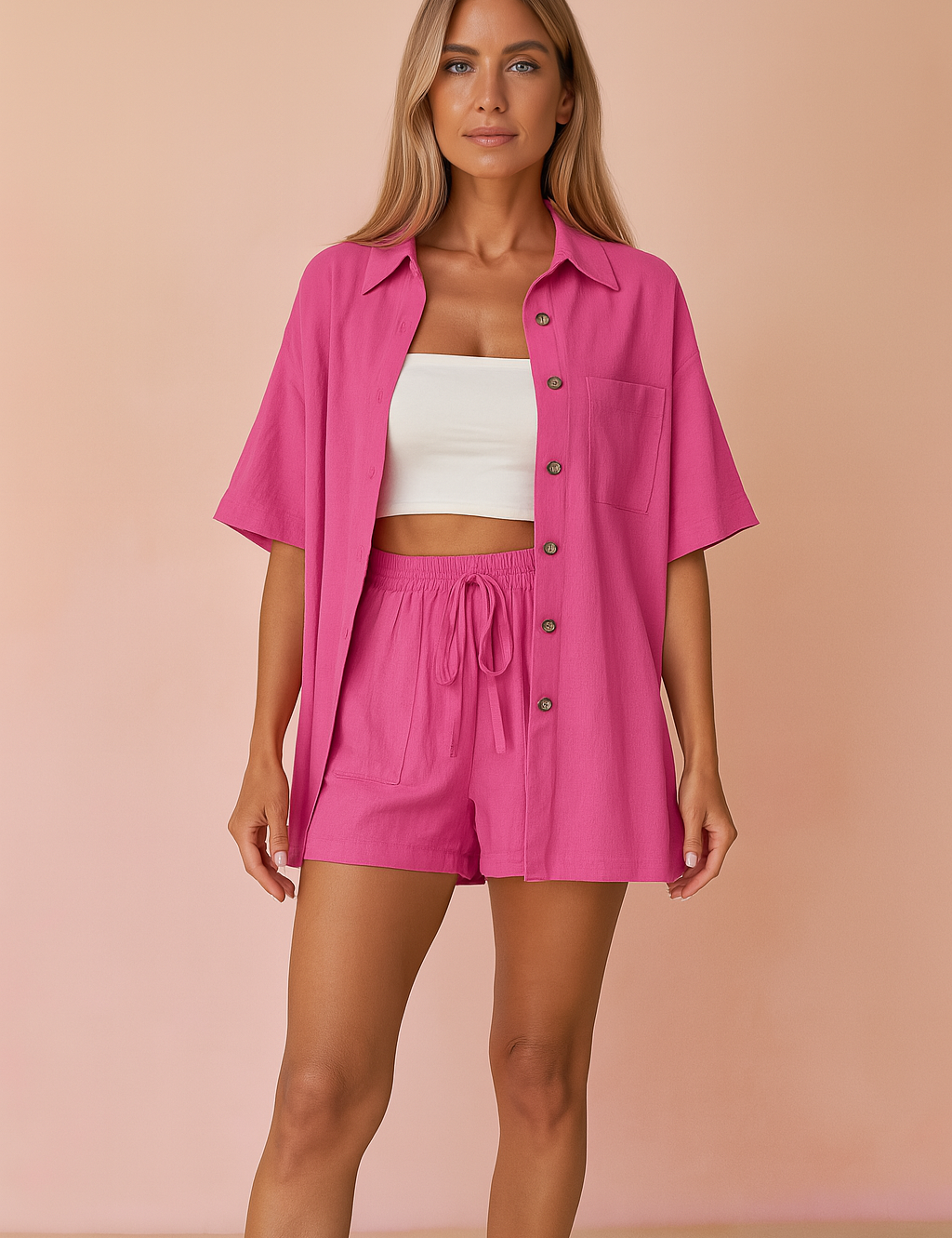 Fuchsia dames co-ord set met los shirt met knoopsluiting en elastische short
