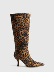 Knæhøje støvler med leopardprint til kvinder, spids snude og mellemhøj hæl – stilfulde og komfortable 4