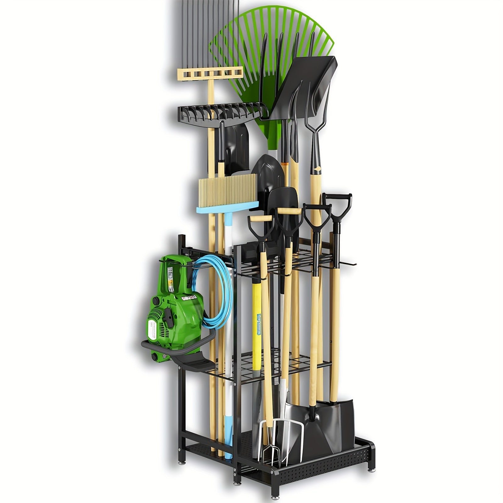 Kraftig sort metal havestativ – Stærk opbevaringsorganisator til værktøj, slanger og forsyninger, holder udendørsområder ryddelige 0