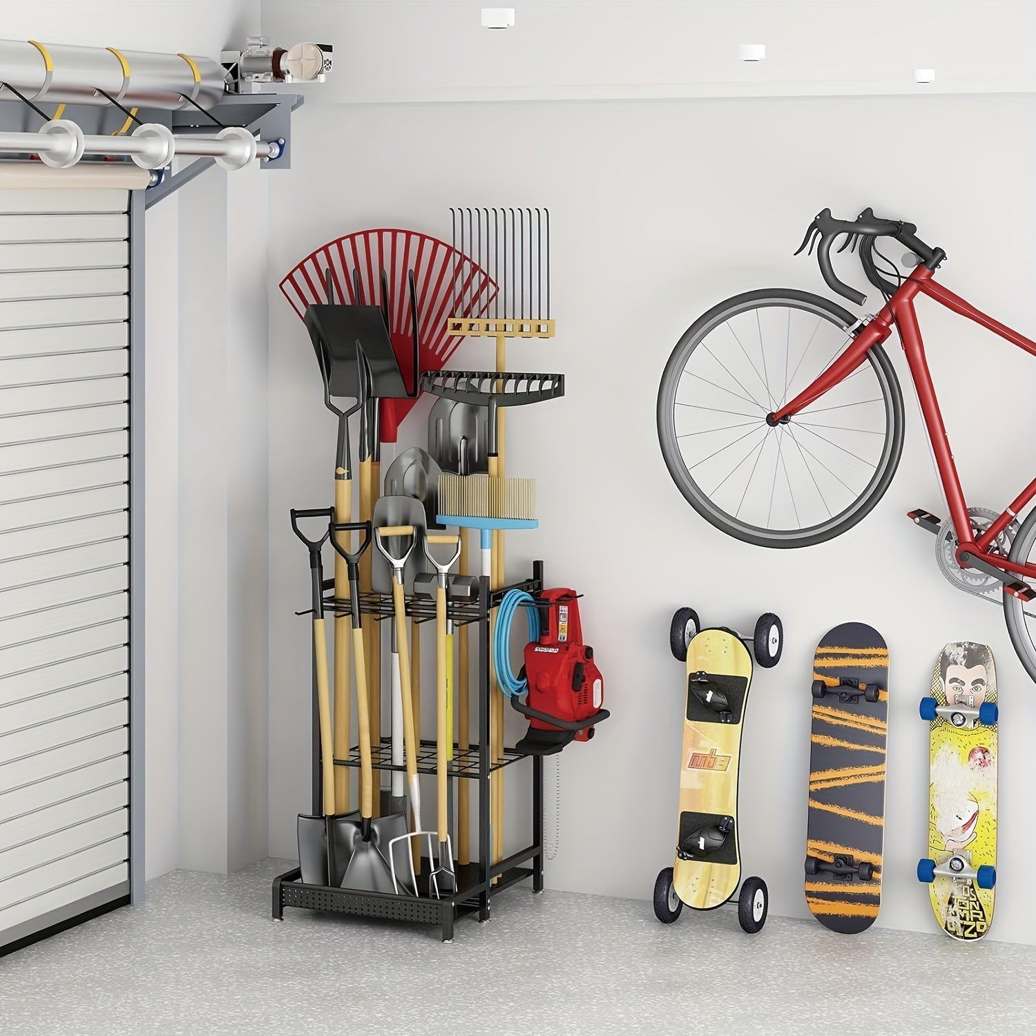 Kraftig sort metal havestativ – Stærk opbevaringsorganisator til værktøj, slanger og forsyninger, holder udendørsområder ryddelige 1