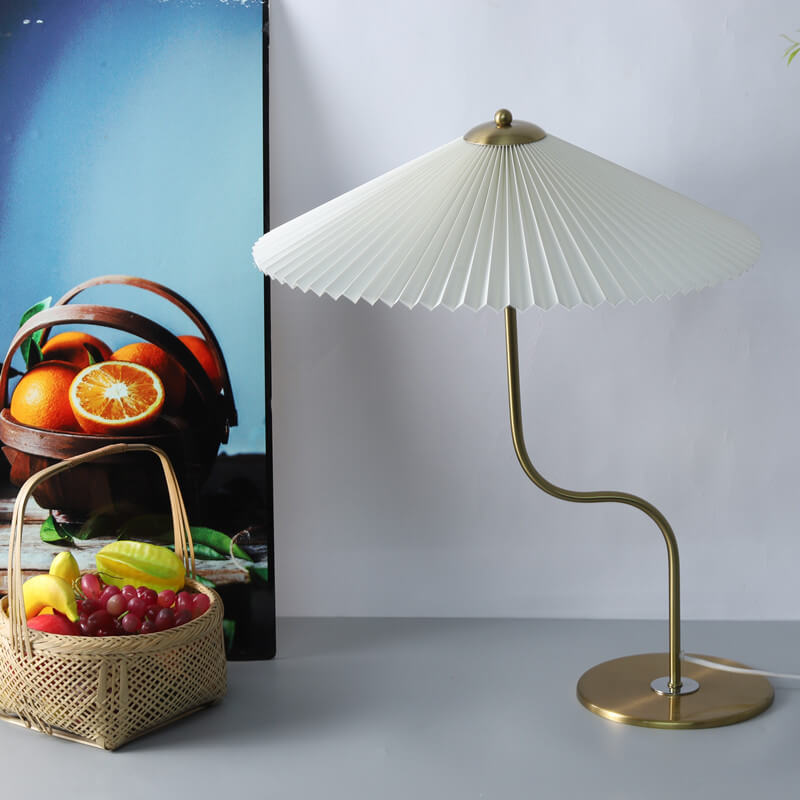 Retro Plisseret Bordlampe med Paraplyform – Beige, Gul, Grøn, Guld, 63 cm Højde, Stof og PVC 7