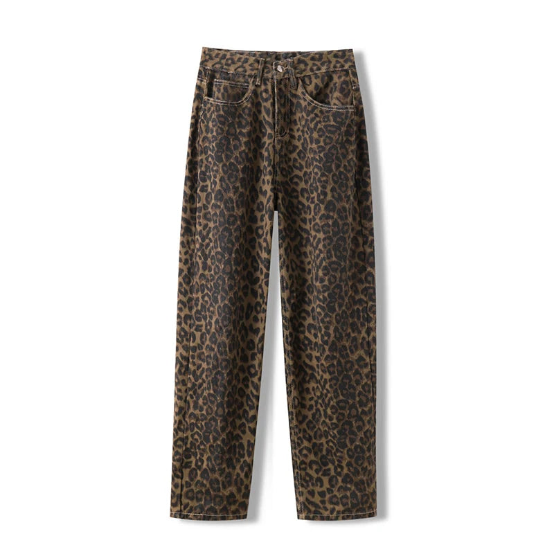 Damejeans med leopardprint og vide ben
