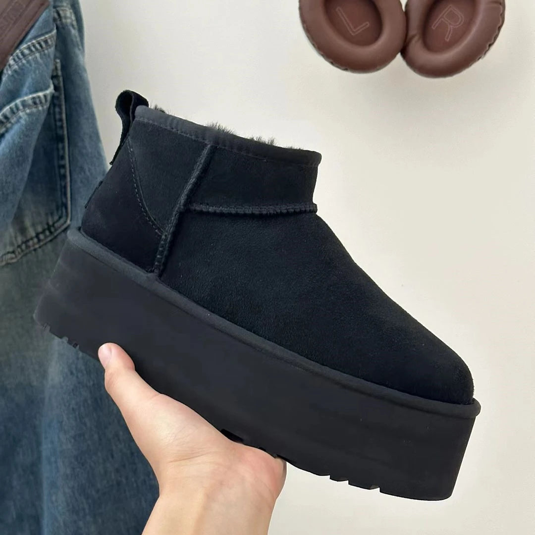 Sorte Ultra Mini Støvler til Kvinder – Varme Plateaustøvletter med Pelsfor og Ankel 0
