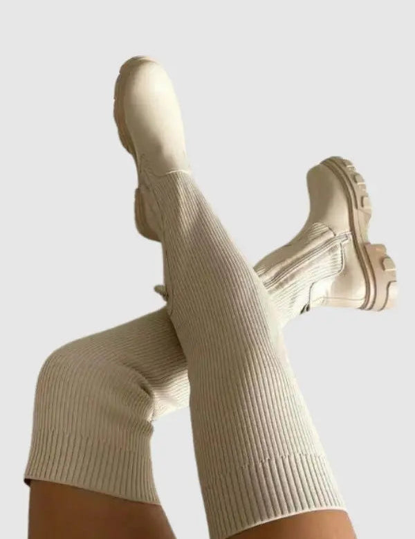 Sorte knæhøje støvler i stretchstrik til kvinder – Komfortable lange støvler med elegant design 0