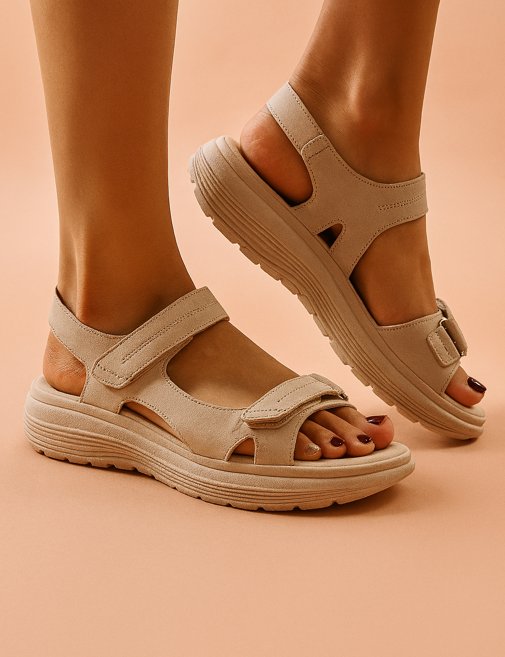 Dames orthopedische sandalen met verstelbare klittenbandsluitingen en een dempende plateauzool, ideaal voor comfort bij langdurig wandelen.
