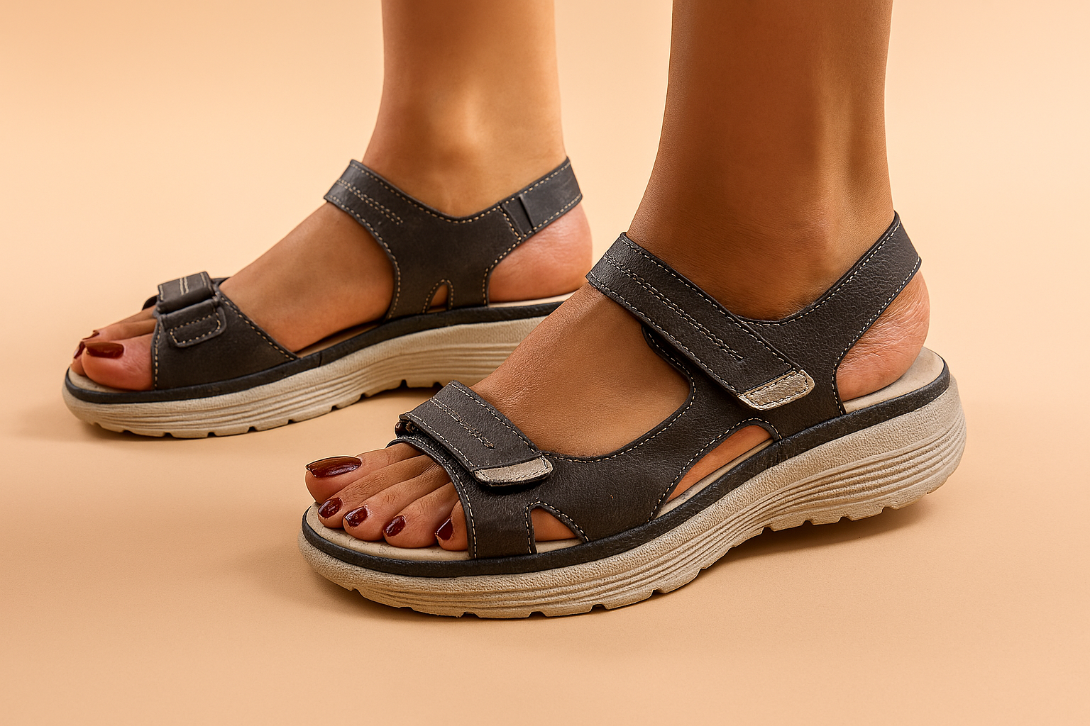 Stevige dames wandelsandalen met een gewatteerde zool, dubbele klittenbandsluitingen en een open teenontwerp voor ademend comfort de hele dag door.