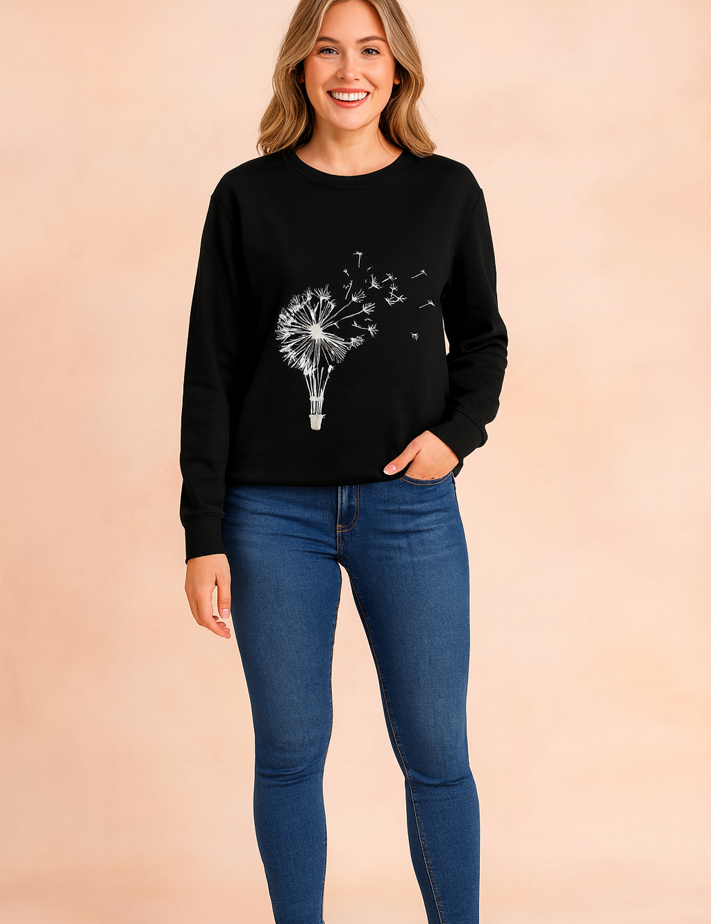 Black long-sleeve sweatshirt for women with a white dandelion blowing print design, offering a casual and stylish look perfect for everyday wear.