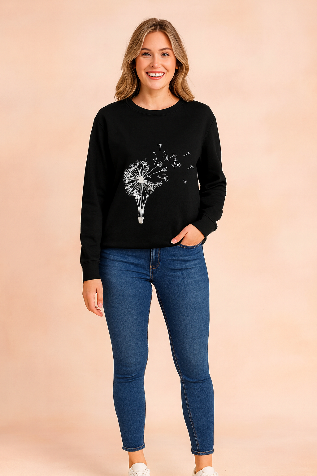 Black long-sleeve sweatshirt for women with a white dandelion blowing print design, offering a casual and stylish look perfect for everyday wear.