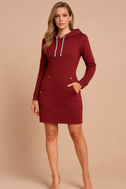 Comfortabele bordeaux hoodie-jurk met lange mouwen en buidelzakken