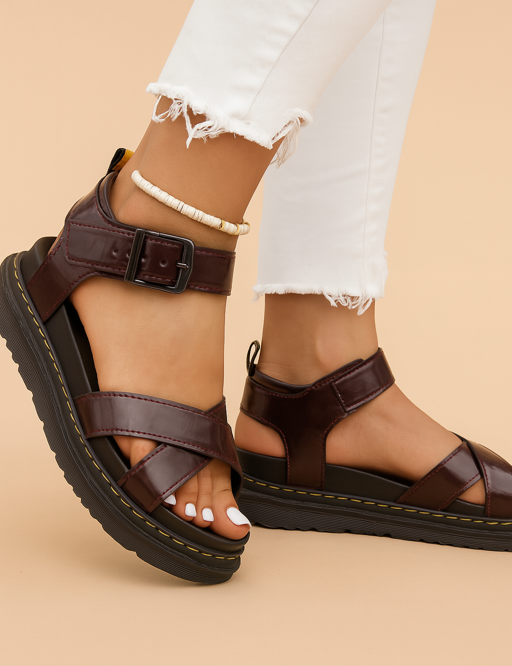 Glanzende bordeauxrode platformsandalen met ondersteunende enkelband, gekruist ontwerp en opvallende geelgestikte zool.