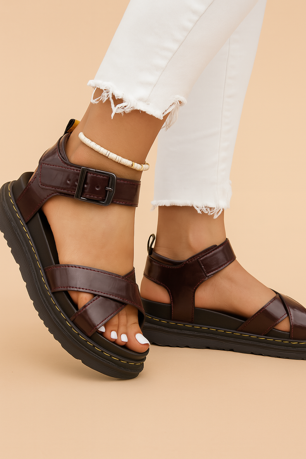 Glanzende bordeauxrode platformsandalen met ondersteunende enkelband, gekruist ontwerp en opvallende geelgestikte zool.