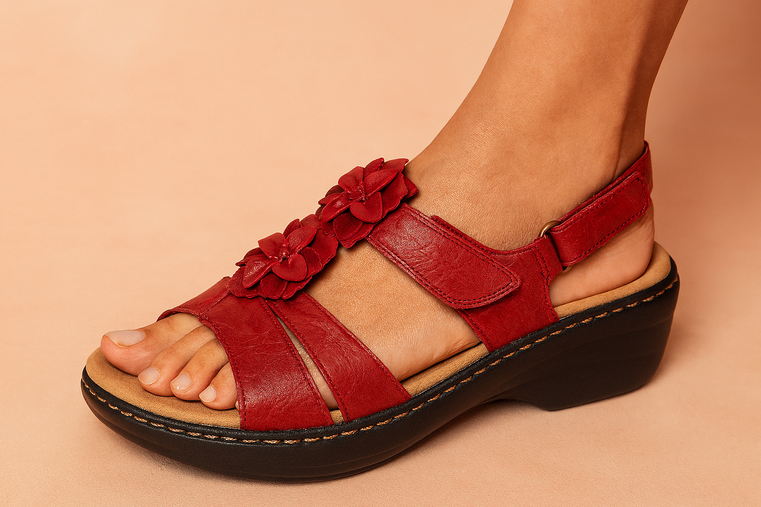 Comfort sandalen voor dames met bloemenversiering en klittenbandsluiting