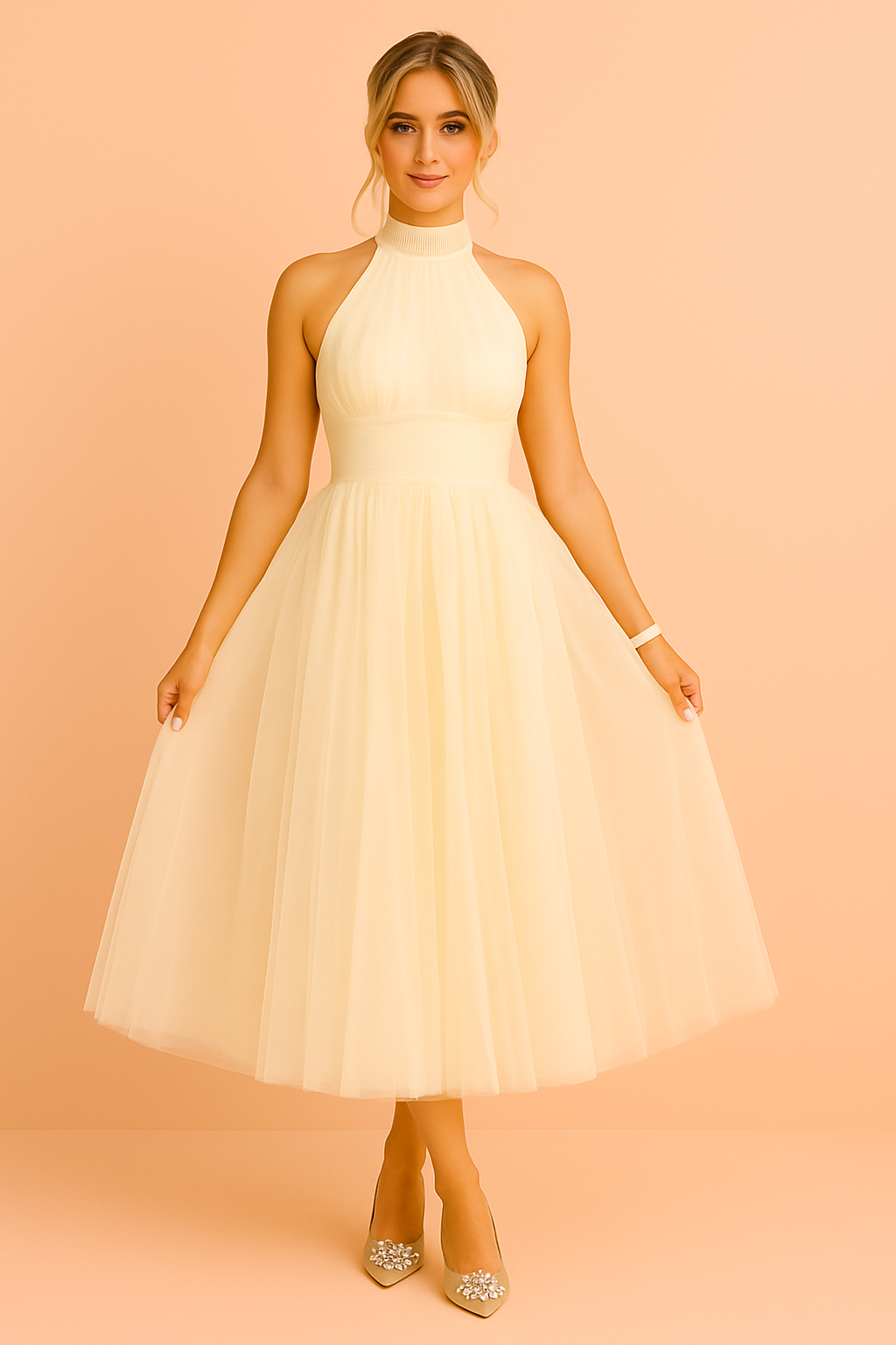 Crèmekleurige halterjurk met tule rok, elegante midi jurk met hoge halslijn en zachte ivoortint.