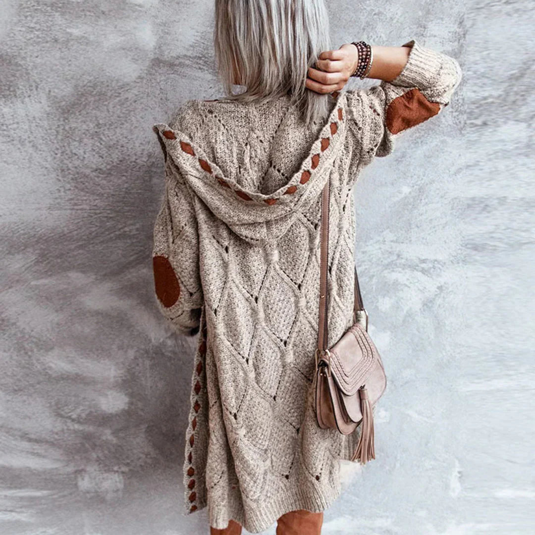 Tara | Trendy Strikket Hoodie Cardigan med Kontrasterende Patches
