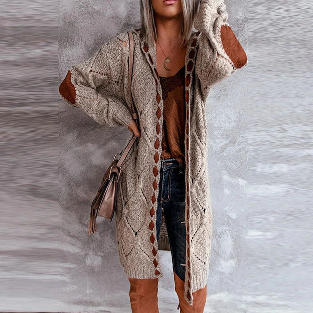 Tara | Trendy Strikket Hoodie Cardigan med Kontrasterende Patches
